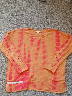 Lisa Todd Orange and Pink Tie-Dye V-Neck Sweater